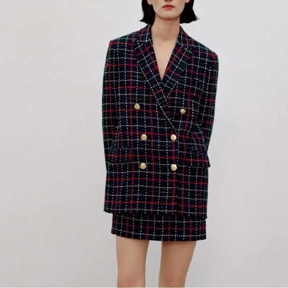 ZARA Tweed Plaid Double Breasted Blazer Green Red Gold Buttons - Picture 1 of 14